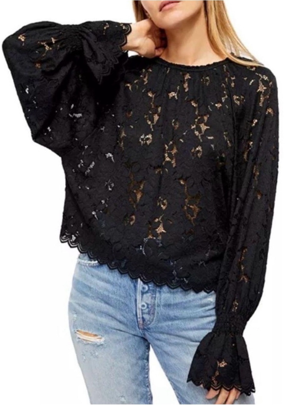 Free People Olivia Black Lace Balloon Sleeve Top Boho Witchy Fairy Whimsigoth S